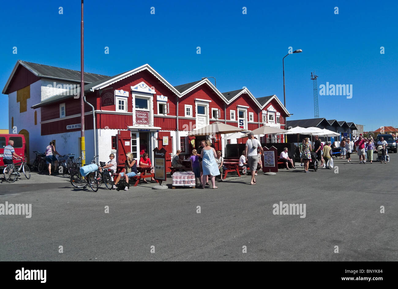 Restaurants and fish outlets in Skagen harbour Jutland Denmark Stock