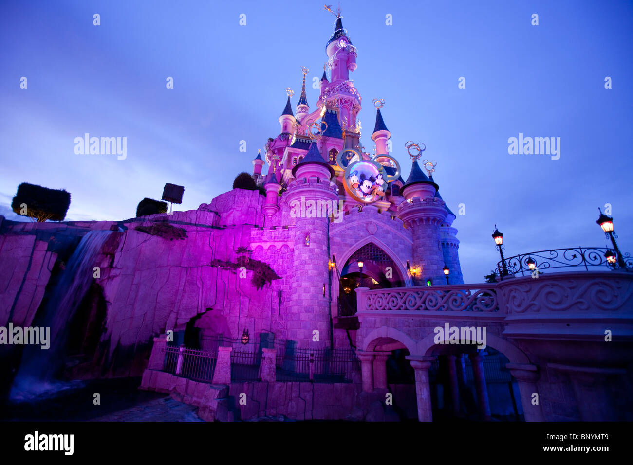 Night shot of Cinderella's castle at Euro Disneyland in Paris, France. Stock Photo