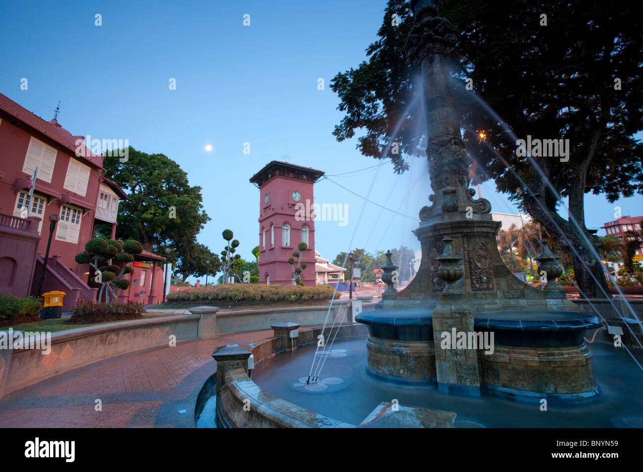 Fountain on the Dutch Square in Malacca Town, Malaysia. Stock Photo