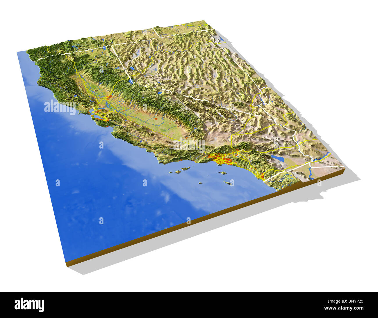 California, 3D relief map with urban areas, interstate highways and borders. Stock Photo