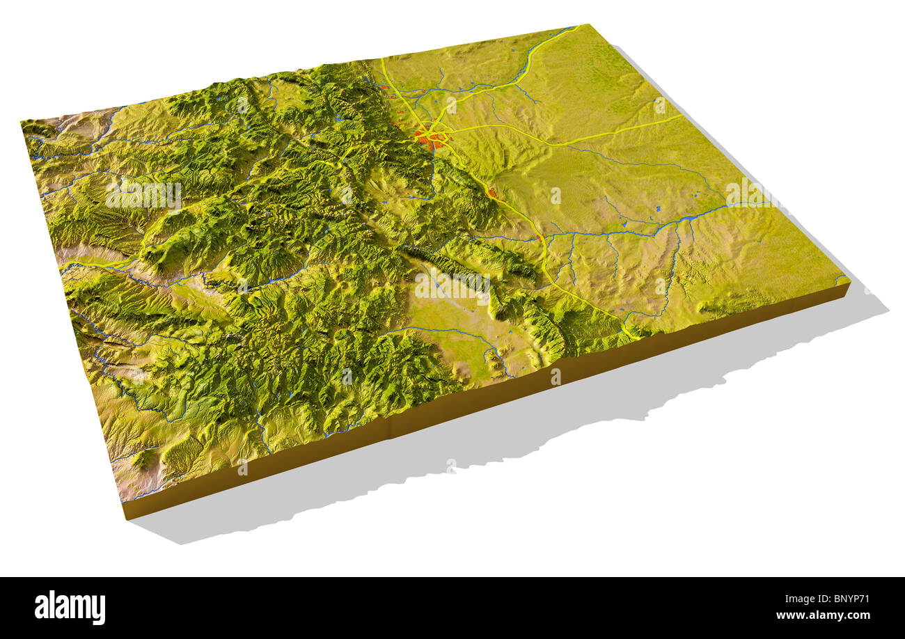 Colorado, 3D relief map cut-out with urban areas and interstate highways. Stock Photo