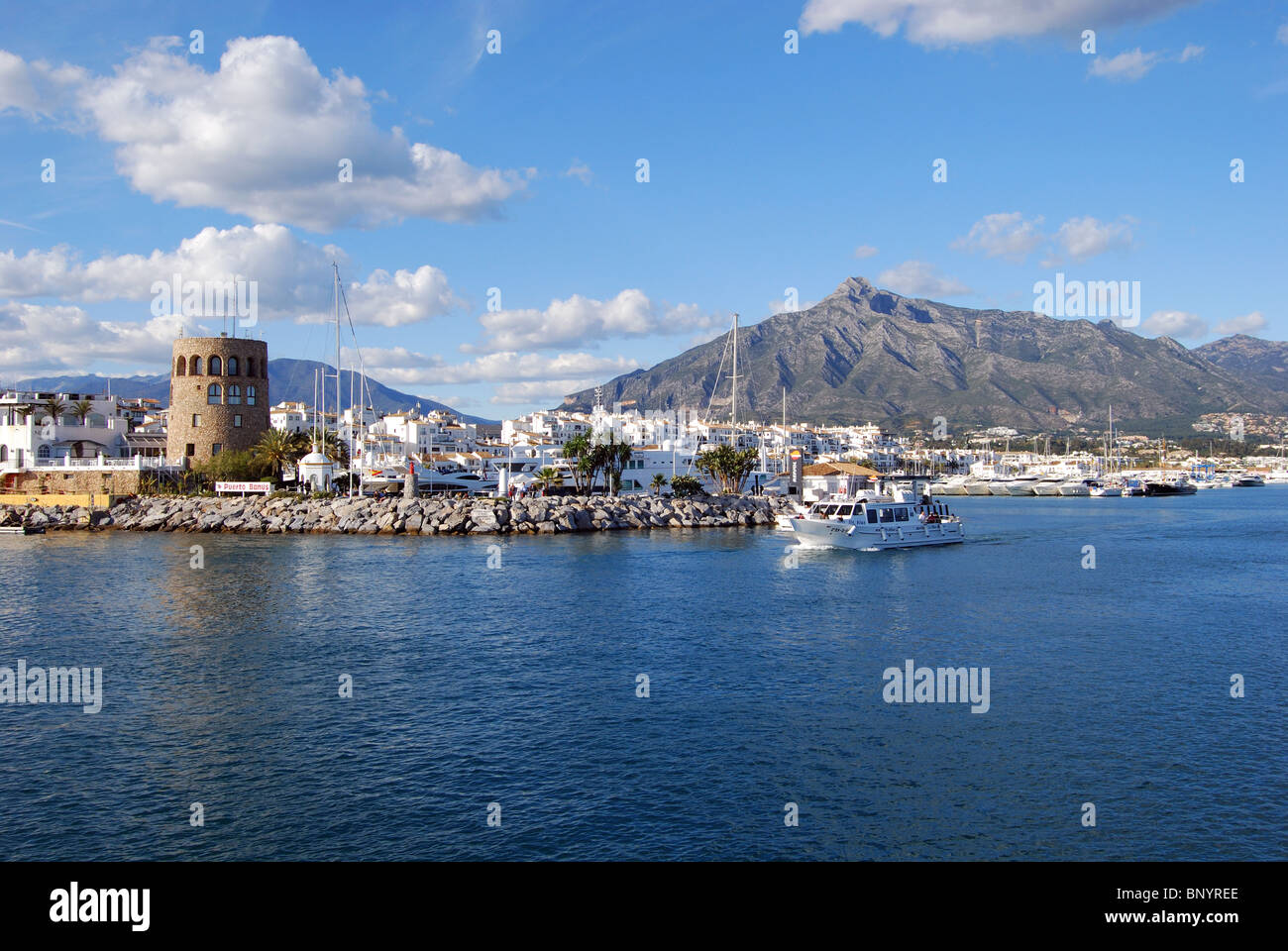 View of the harbour area, Puerto Banus, Marbella, Costa del Sol, Malaga Province, Andalucia, Spain, Western Europe. Stock Photo