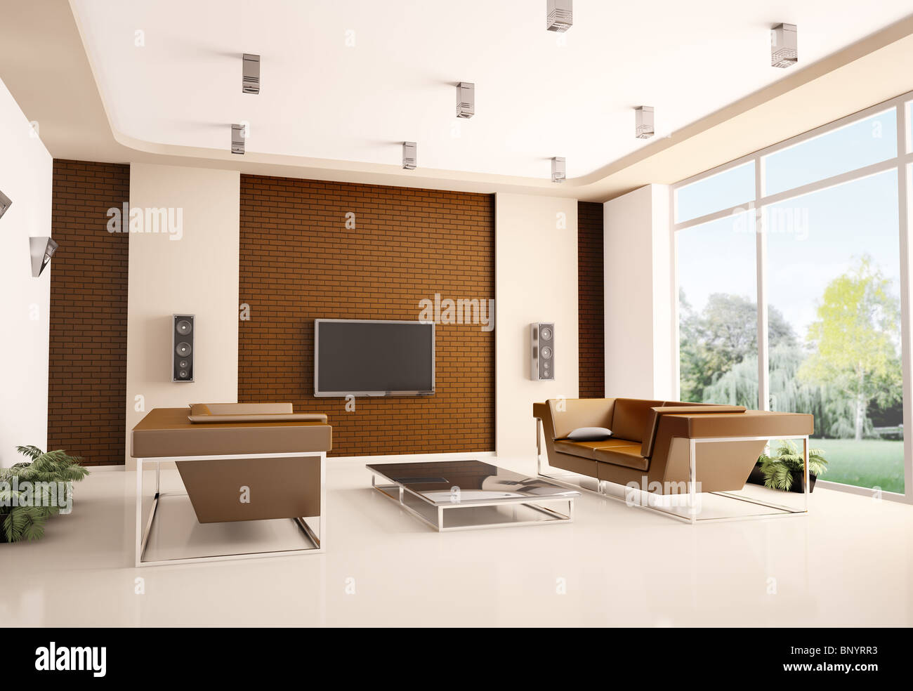 Modern living room with brick wall interior 3d Stock Photo - Alamy