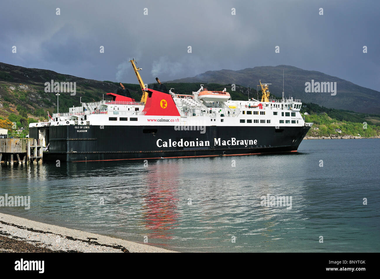 Caledonian MacBrayne Ferry at Ullapool pier with destination Stornoway, Highlands, Scotland, UK Stock Photo