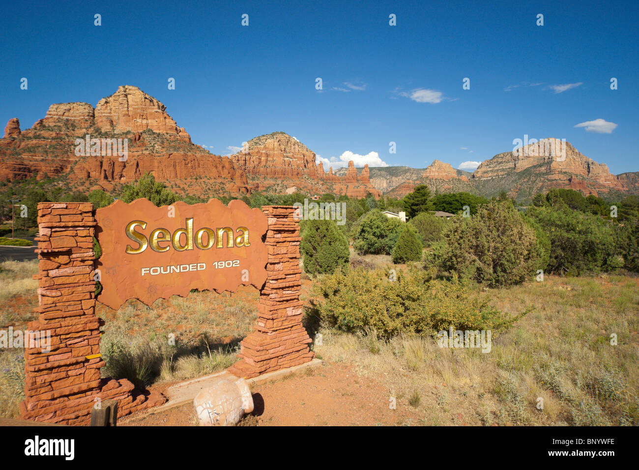 Sedona, Arizona - Sedona City limits sign entering from south on 179, welcome, founded 1902, with red rock vista. Stock Photo