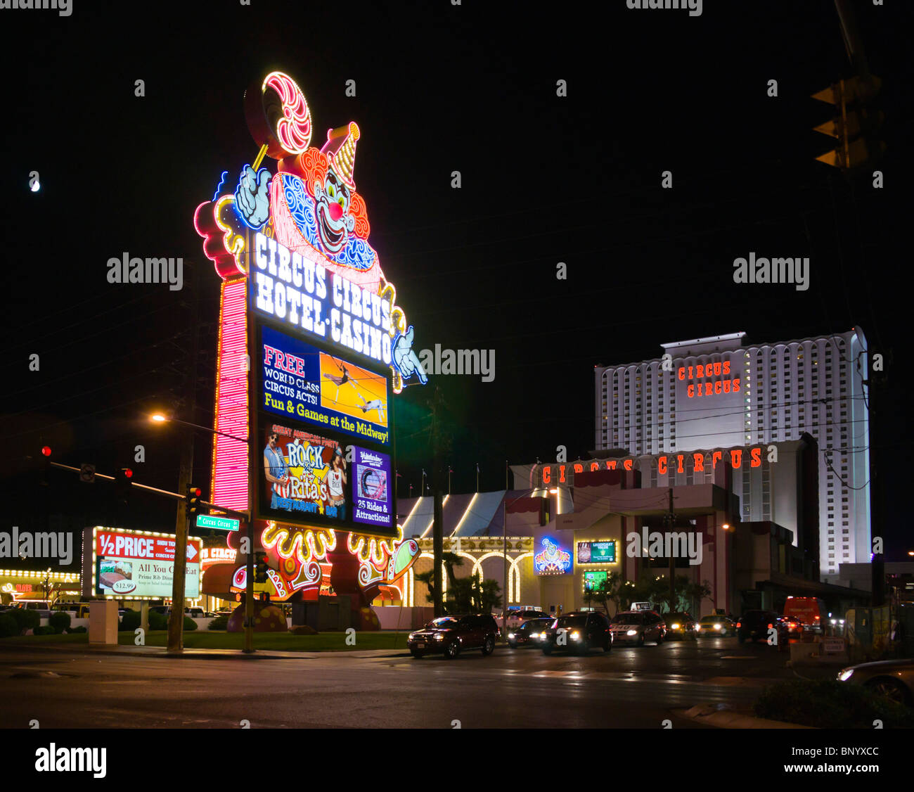 Las Vegas USA - Circus Circus hotel-casino resort neon sign on the Strip with hotel and traffic. Stock Photo