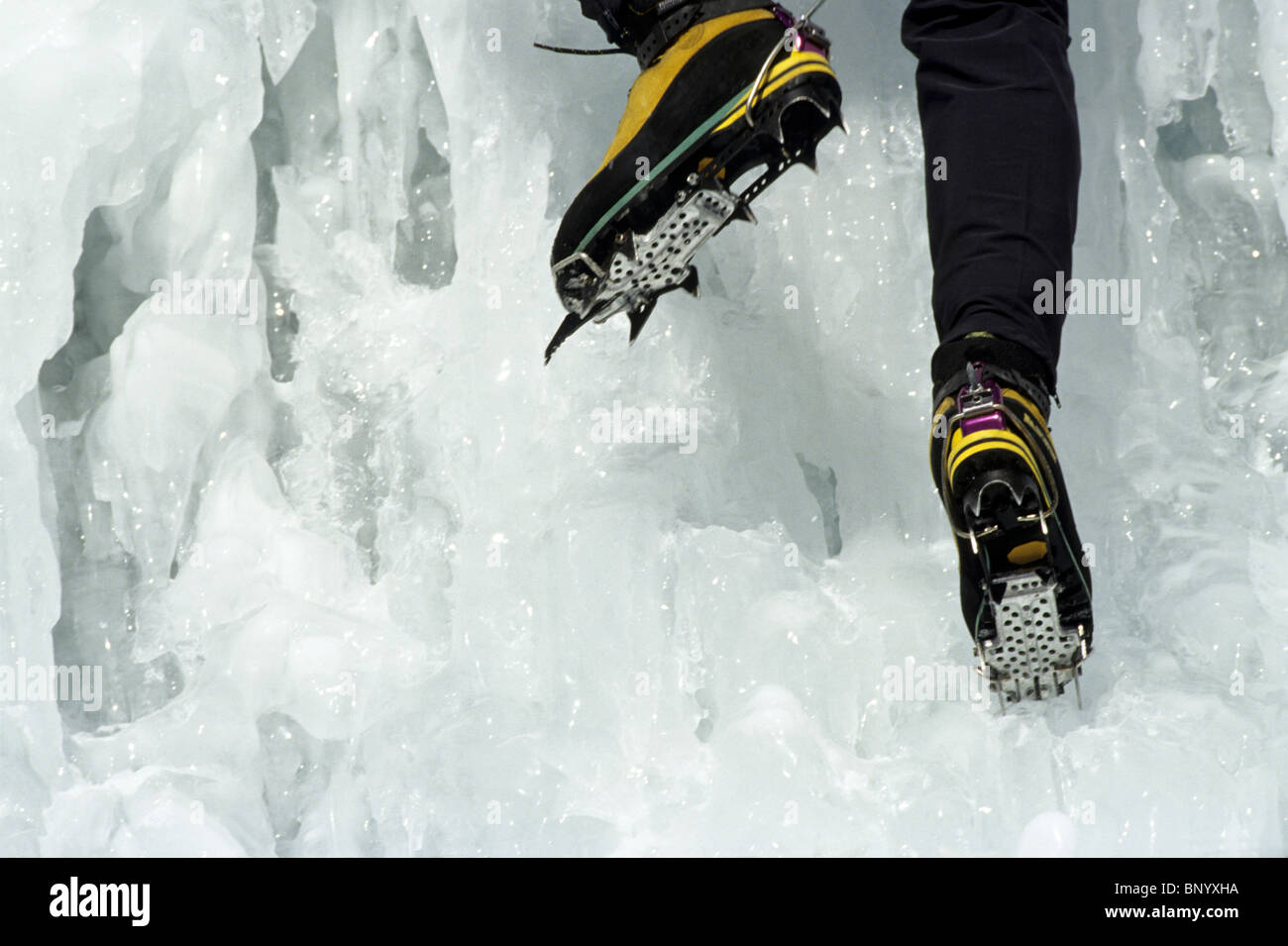 Detail of ice climber's boots during a climb Stock Photo Alamy