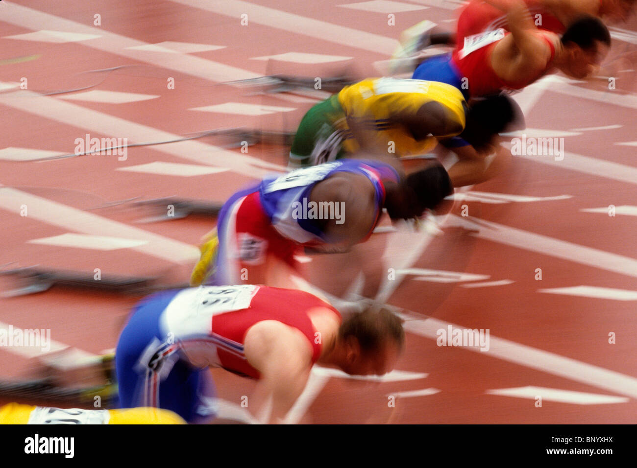 Start of men's 100 meter race. Stock Photo