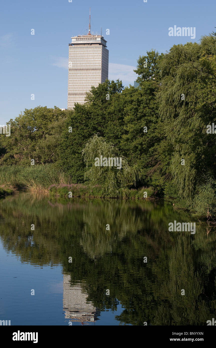 The Prudential building reflecting in the muddy river in Boston MA. Stock Photo