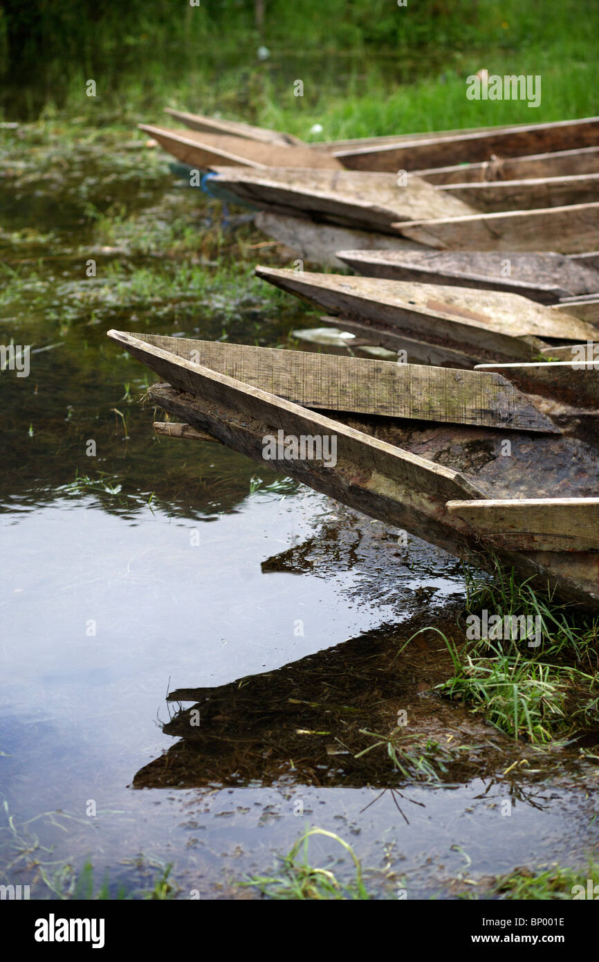 Boats moored at San Lucas Toliman on the shore of Lake Atitlan in Guatemala Stock Photo