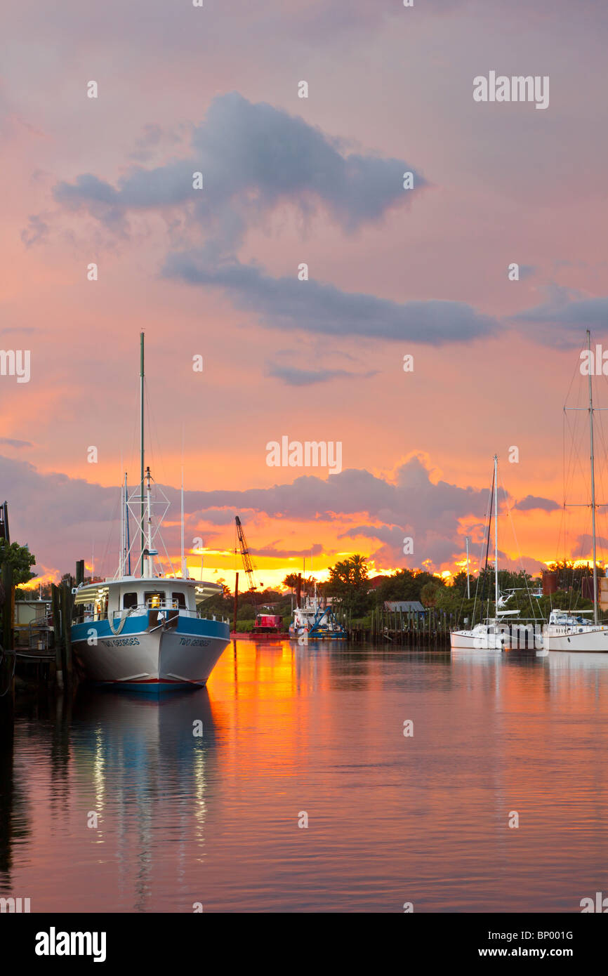 Tropical storm Bonnie provides dramatic skies over private and commercial boats docked at Tarpon Springs, Florida Stock Photo