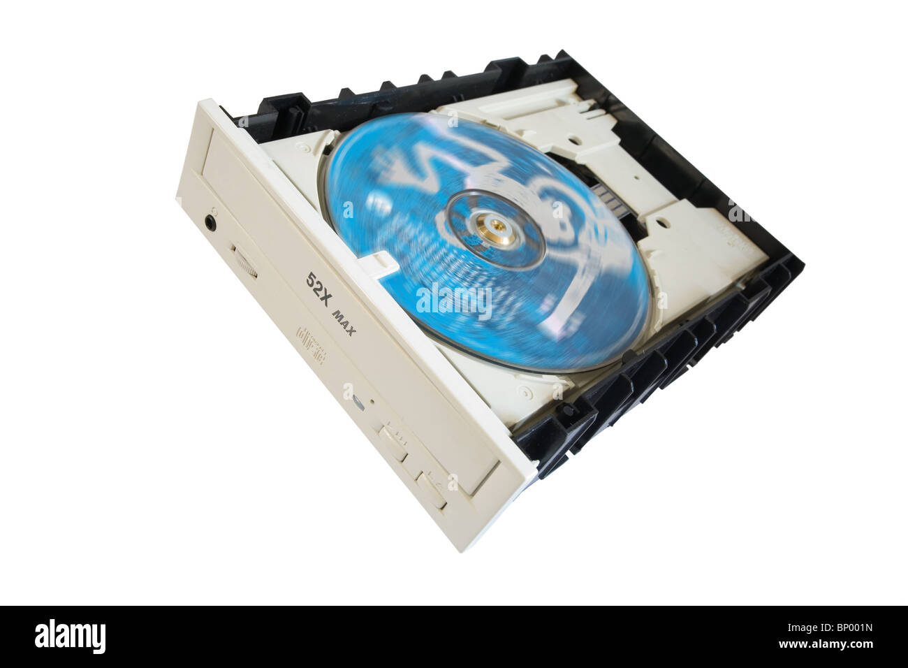 DVD spinning around inside a computer DVD drive. radial blur