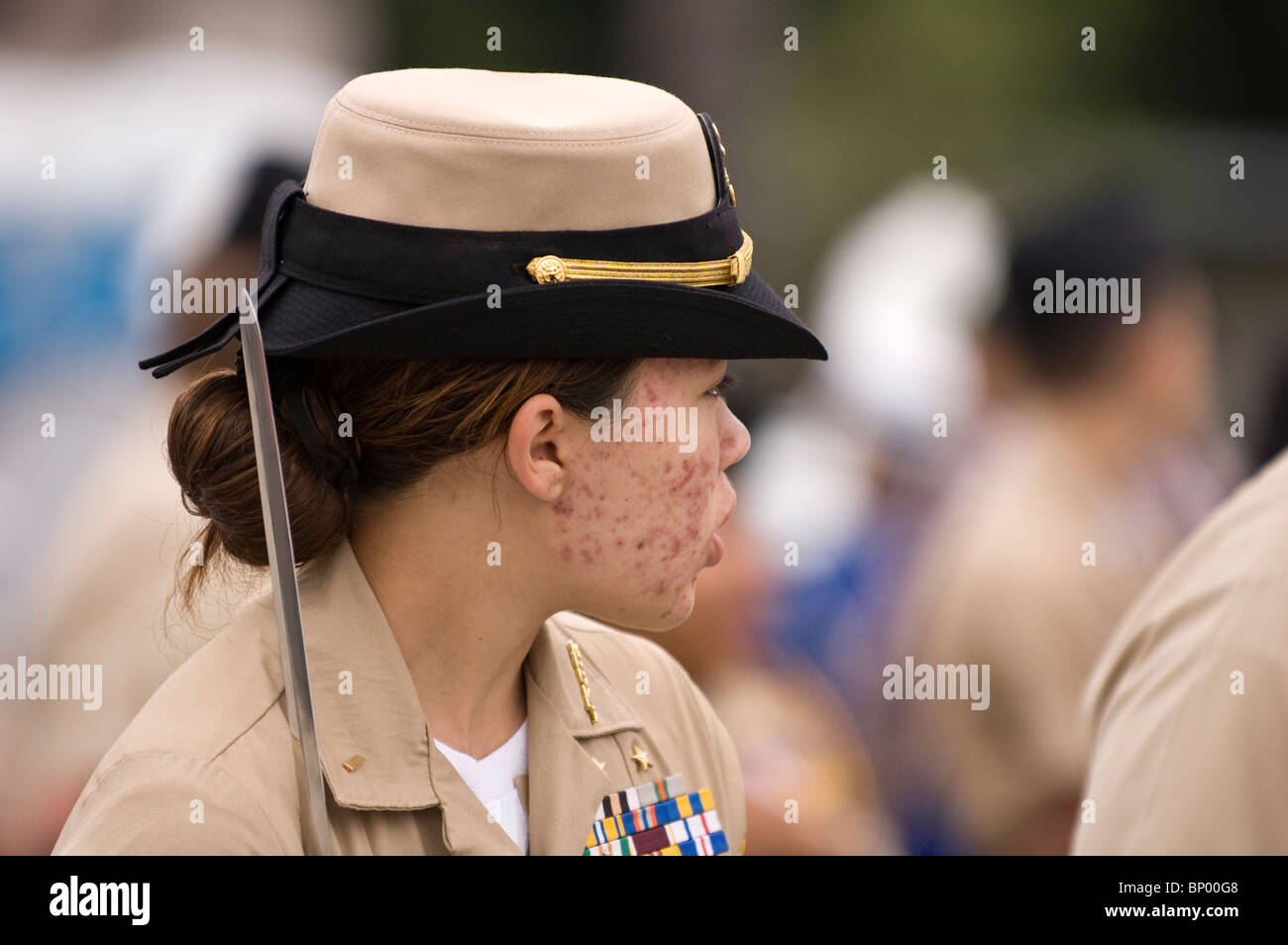 A cadet with acne at the La Habra Corn Festival parade Stock Photo
