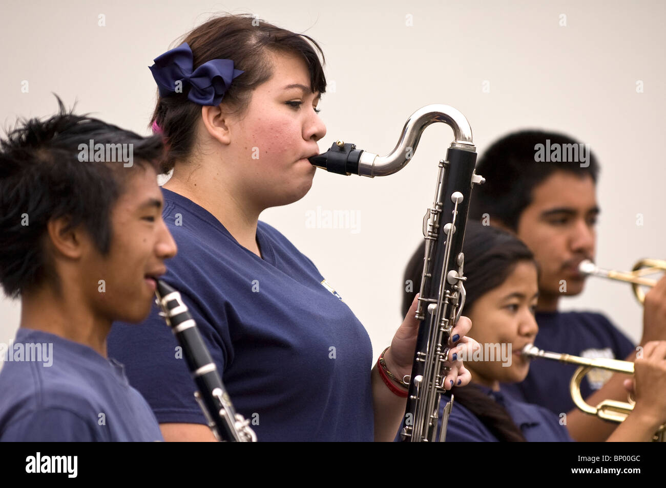 Four musicians performing at the La Habra Corn Festival parade Stock