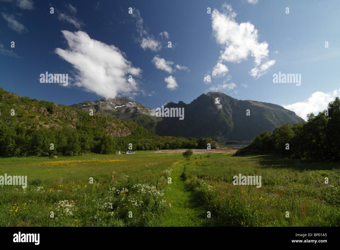 Along Landstrykerstien, a hiking path on Hamaroy, Nordland Fylke, Norway. This place is called Nordland. Stock Photo
