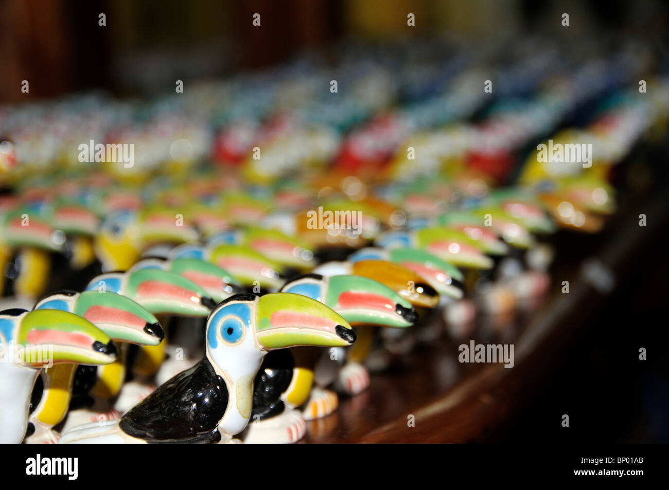 Miniature toucans made of ceramic, Parque das Aves gift shop,  Foz do Iguaçu, Parana, Brazil Stock Photo