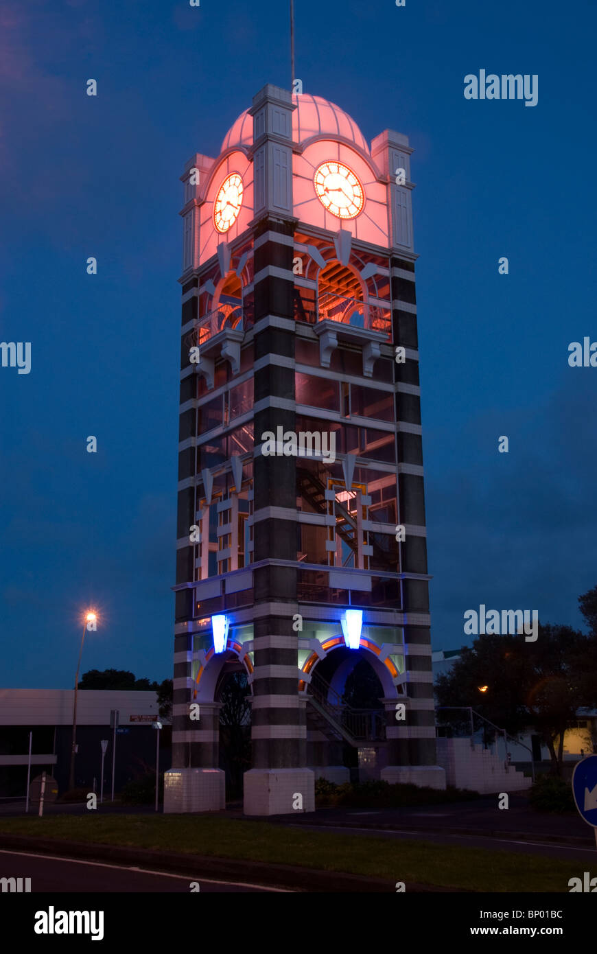 Illuminated clock tower at night, New Plymouth, Taranaki, North Island