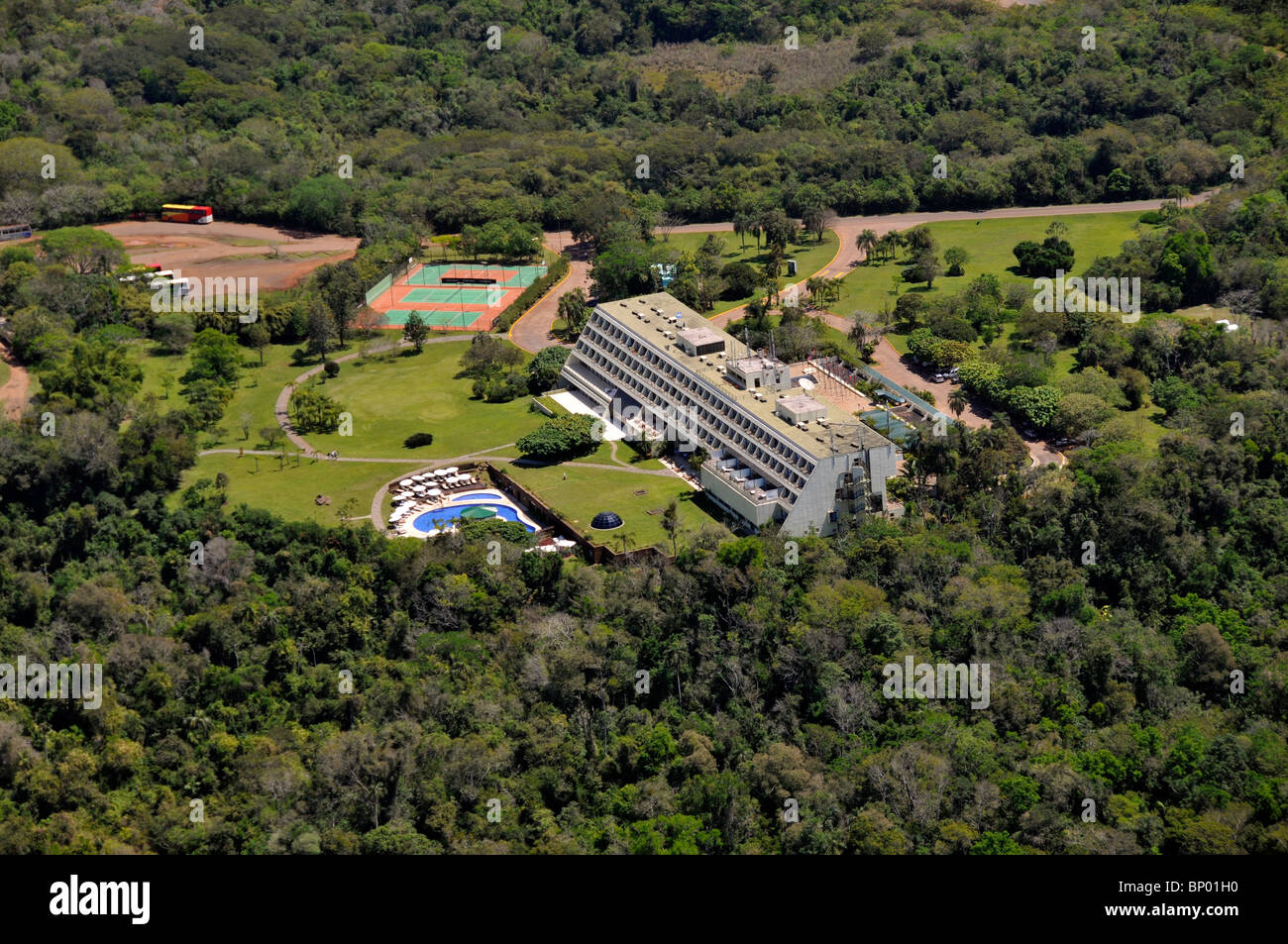 Aerial view of hotel near Iguassu Falls, surrounded by forest, border between Brazil and Argentina Stock Photo