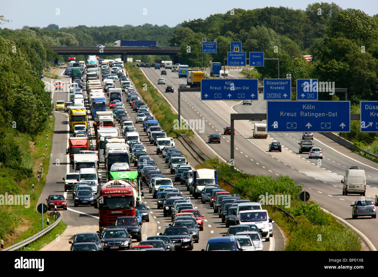 Big traffic jam on motorway A1 after road constructions. Duesseldorf, Germany. Stock Photo
