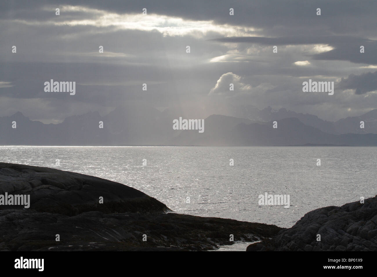 View from Tranoy Fyr, a lighthouse on Hamaroy, Norway. The Lofotes can be seen in the background Stock Photo