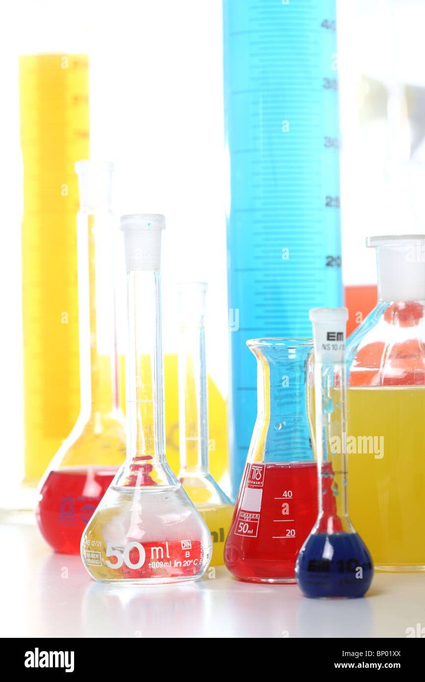 Different chemicals in test tubes, glass container, in a laboratory