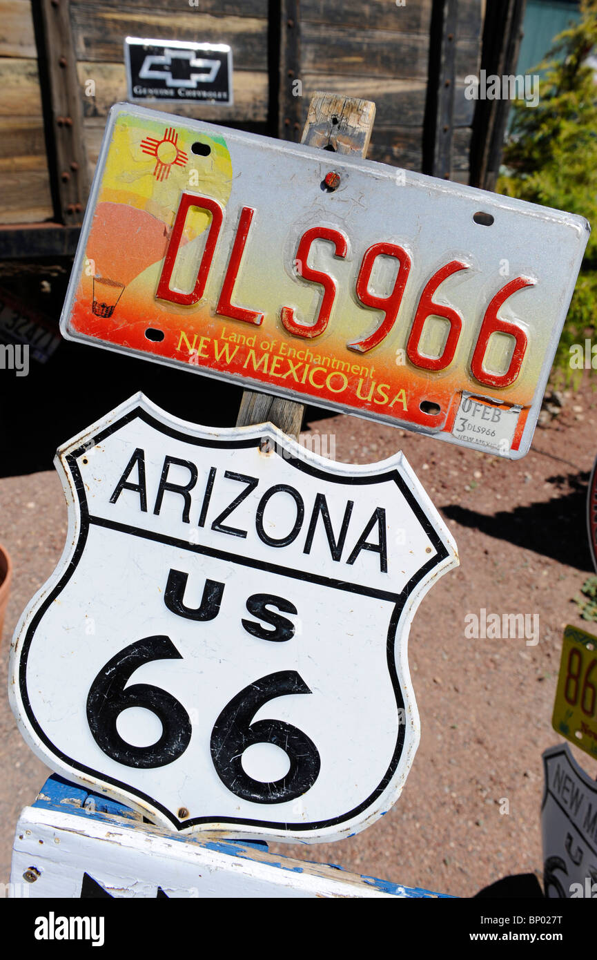 Route 66 sign and new mexico license plate Seligman Arizona Stock Photo