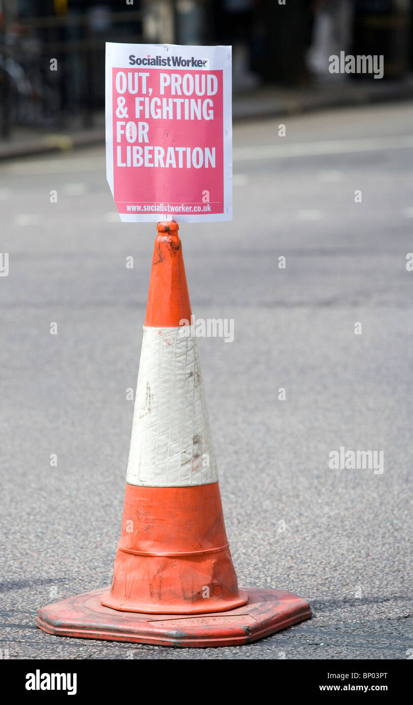 Traffic cone pink message after Gay Pride March, London, England, UK, Europe Stock Photo Alamy