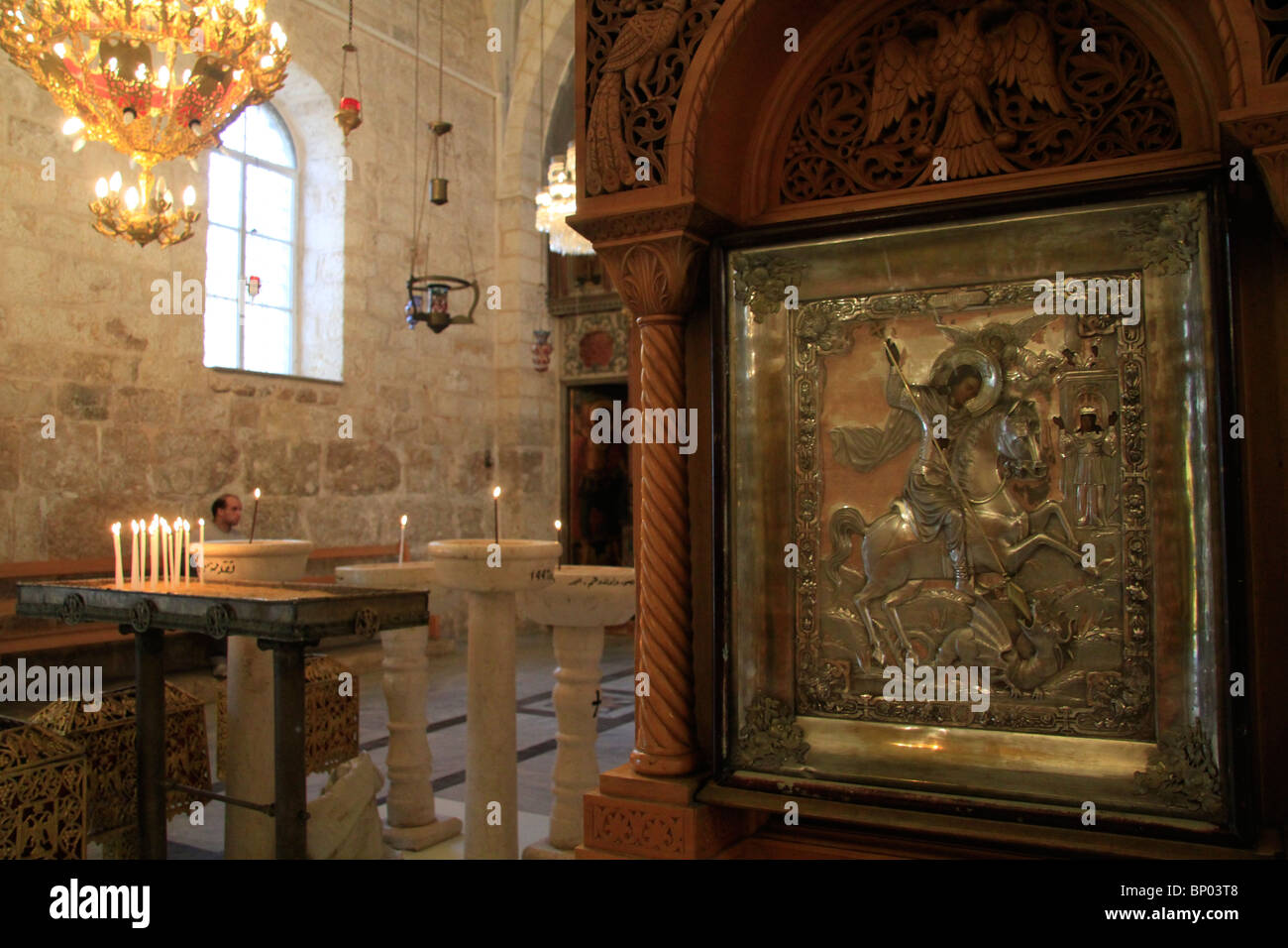 Israel, Lod, an image depicting St. George killing the dragon at the Greek Orthodox Church of St. George Stock Photo