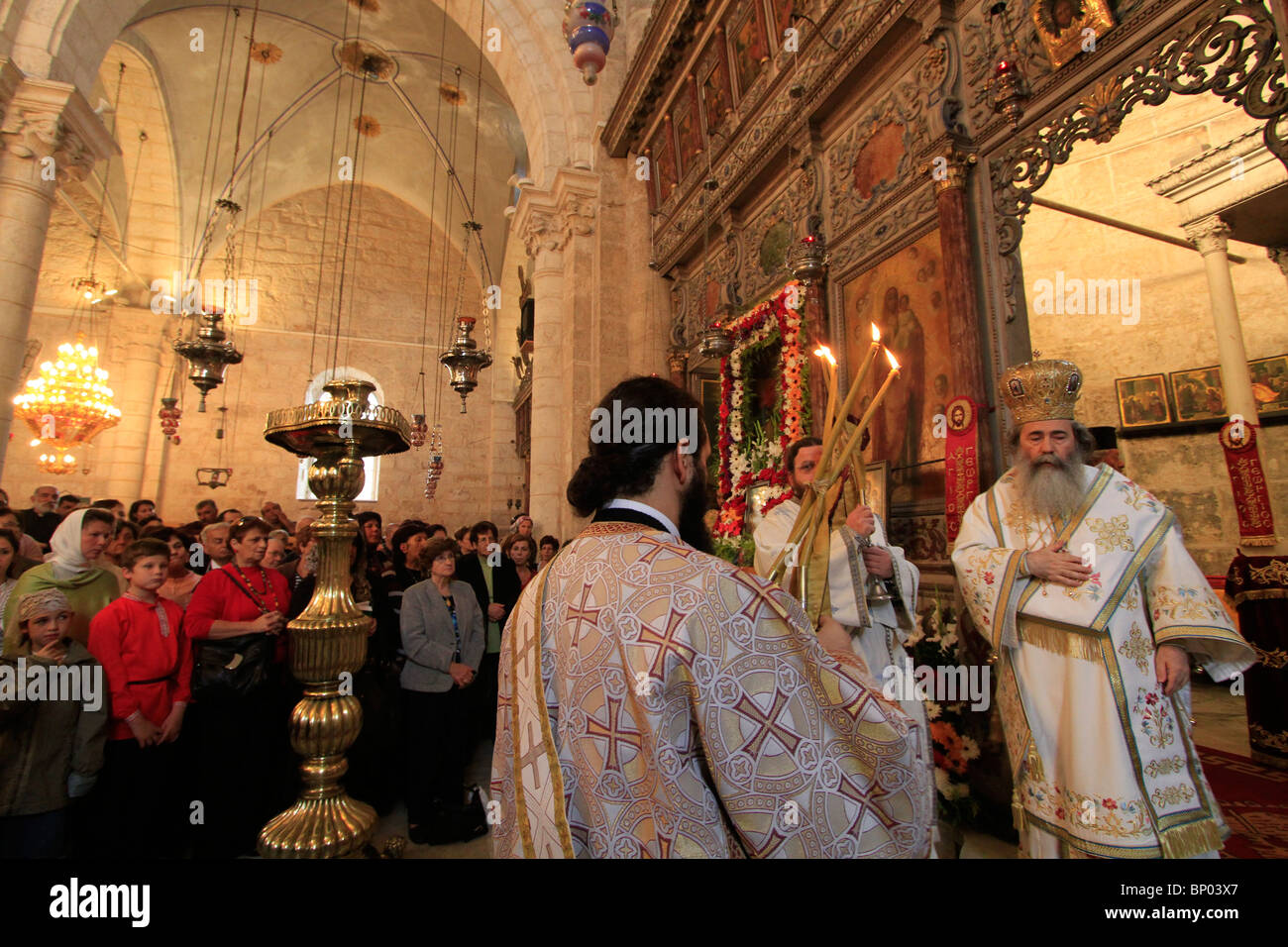 Israel, Lod, Greek Orthodox Patriarch Theophilus III at the Church of St. George on the day of St. George Stock Photo