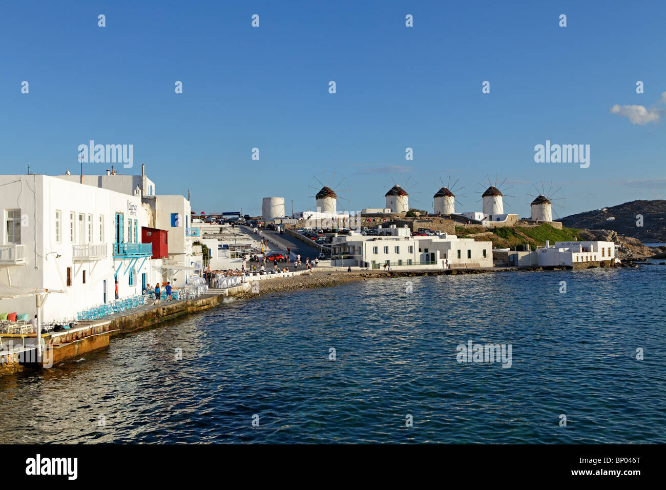 the five famous windmills of Mykonos Town, Mykonos Island, Cyclades, Aegean Islands, Greece Stock Photo