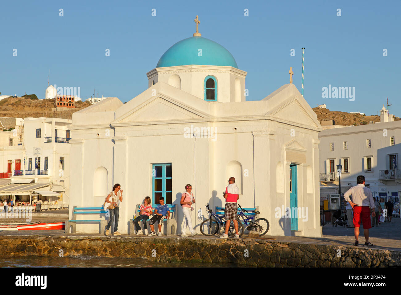 church at the harbour of Mykonos Town, Mykonos Island, Cyclades, Aegean Islands, Greece Stock Photo