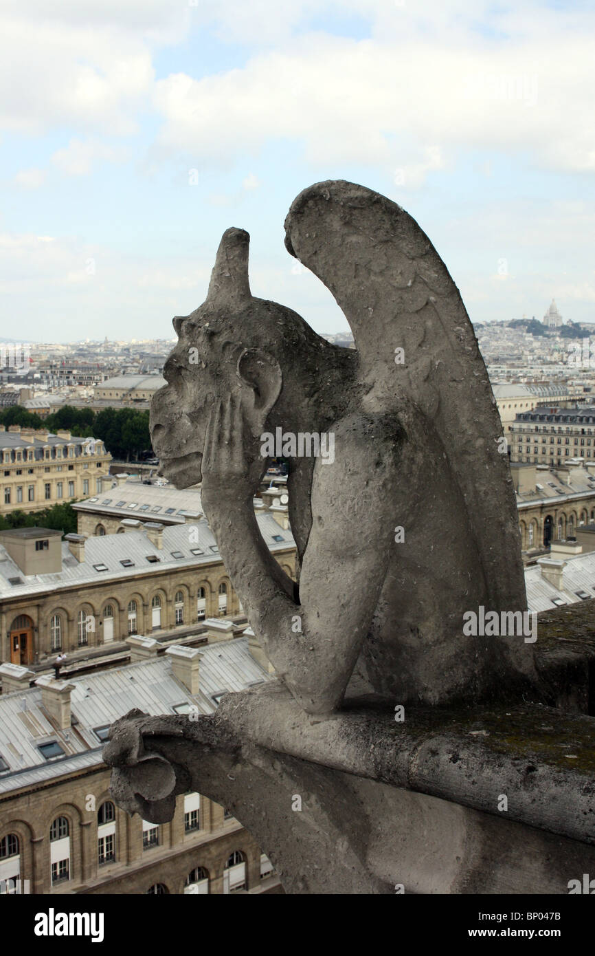 Notre Dame Cathedral, Paris.  Chimera 6, the Stryge, on the balcony Stock Photo