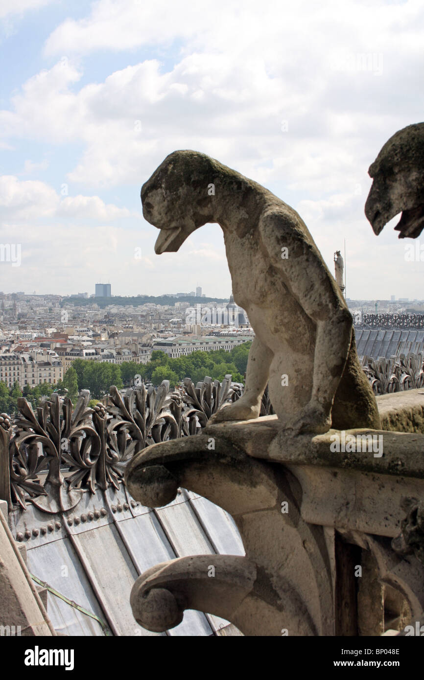 Notre Dame Cathedral, Paris.  Chimeras 39 & 40 on the balcony, with the ridge of the nave roof behind. Stock Photo