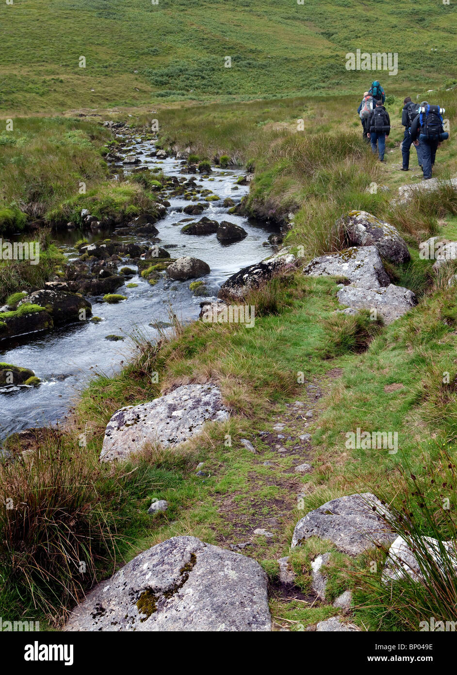 Hikers following path of river through Dartmoor National Park Stock ...