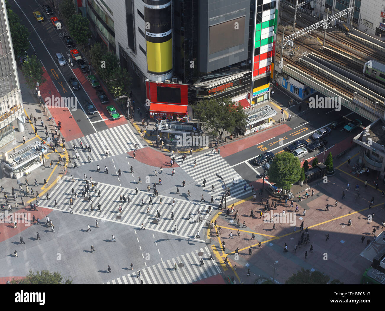 Shibuya (Tokyo) cross-walk from high above (rare view). Stock Photo