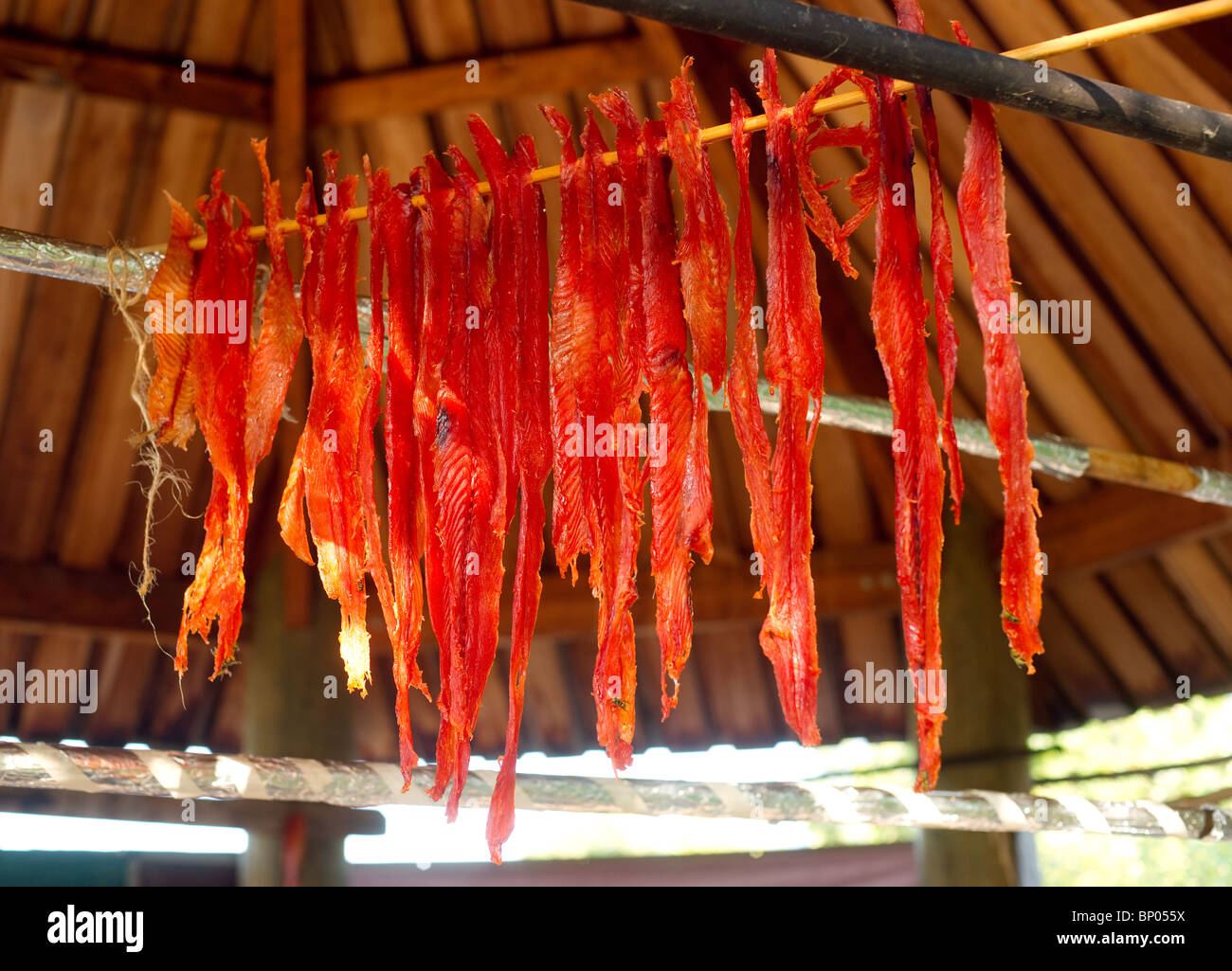 Salmon meat hanging out to dry Stock Photo Alamy