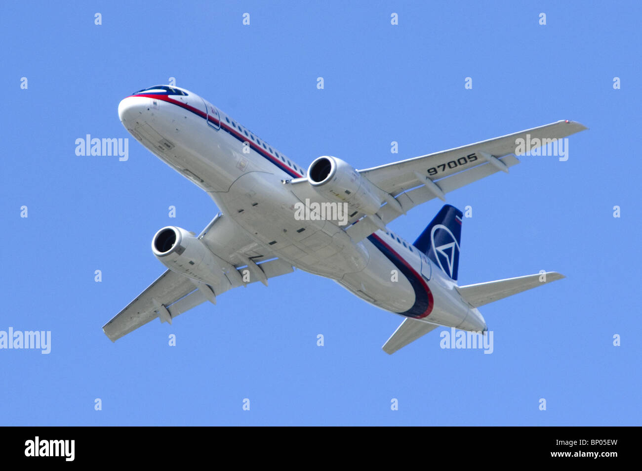 Sukhoi Superjet 100 making a high flypast at the Farnborough Airshow Stock Photo