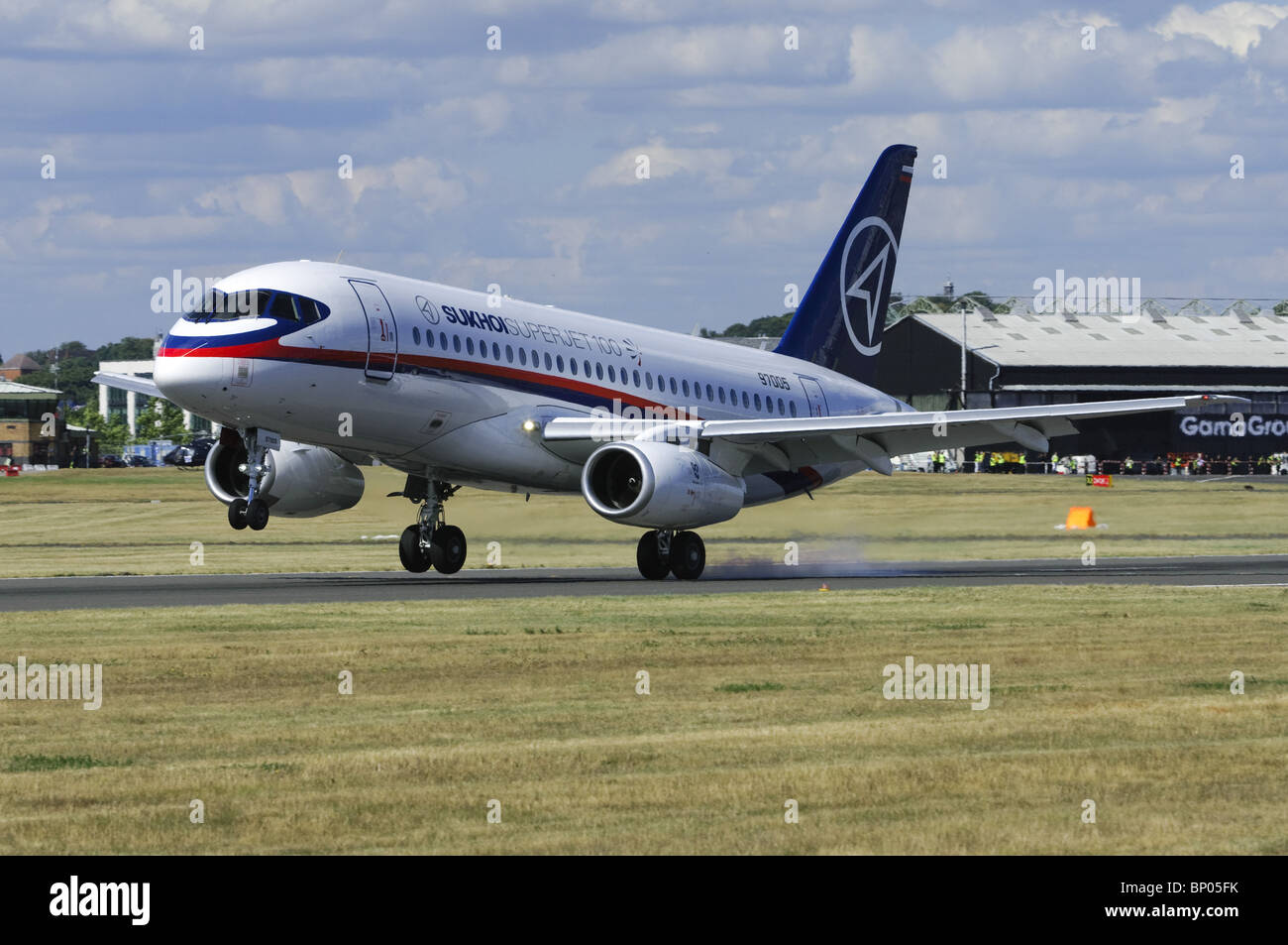 Sukhoi Superjet 100 caught by a sidewind gust whilst landing at the Farnborough Airshow Stock Photo