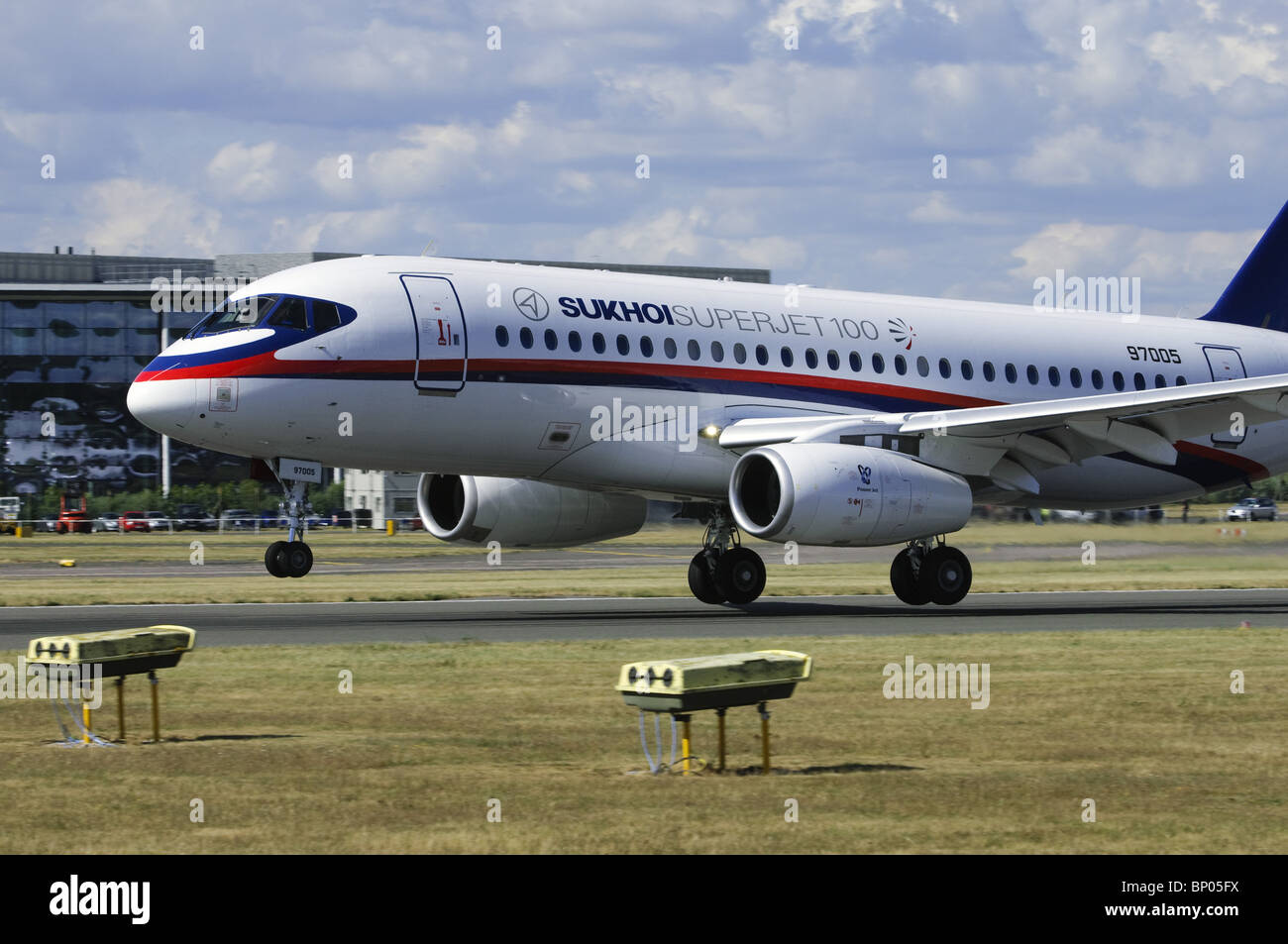 Sukhoi Superjet 100 landing at the Farnborough Airshow Stock Photo