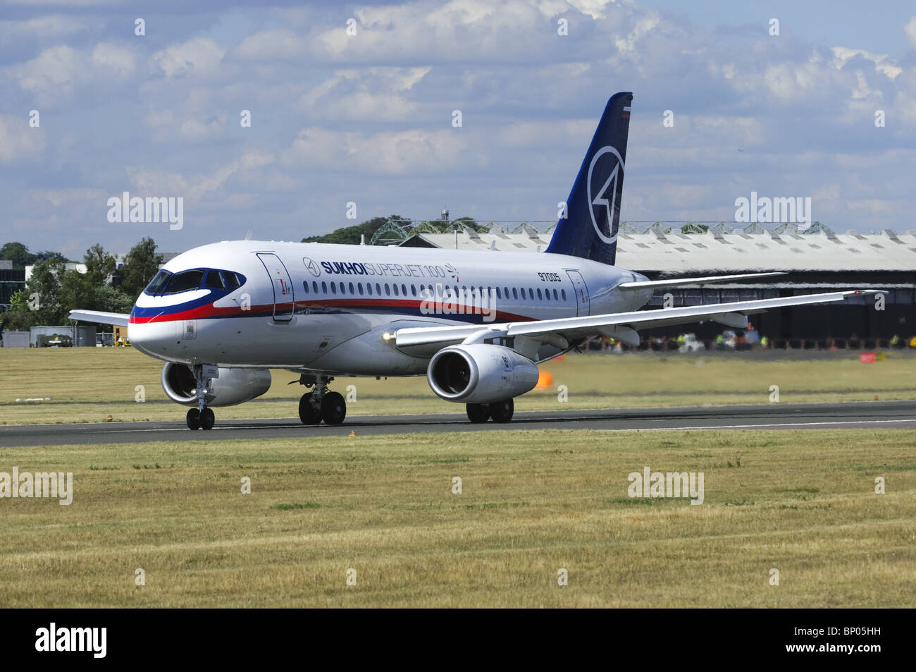 Sukhoi Superjet 100 beginning take off run at the Farnborough Airshow Stock Photo