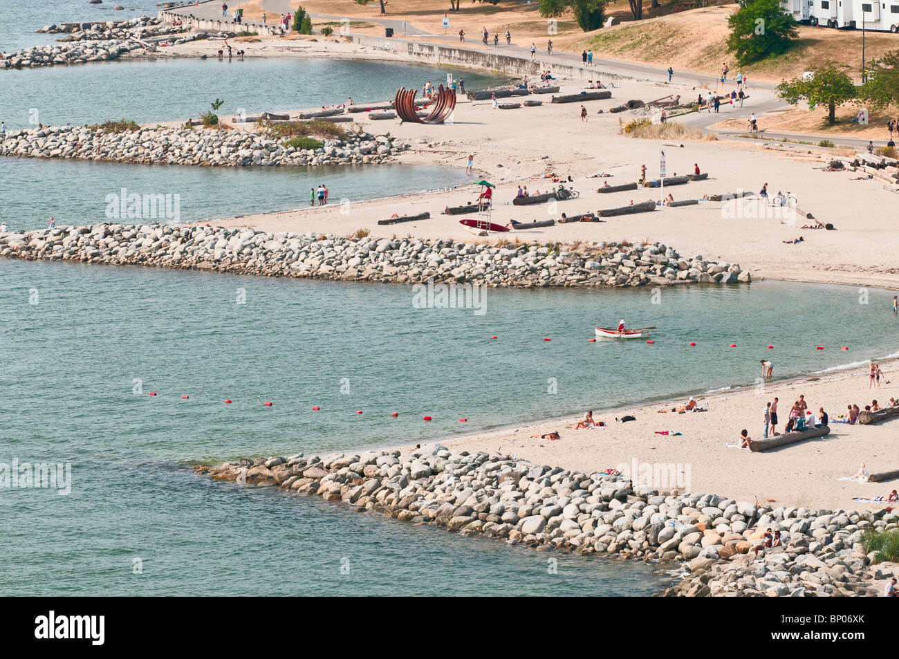 A high angle view of Sunset Beach at the northeast end of English Bay on the waterfront of Vancouver's West End residential area Stock Photo