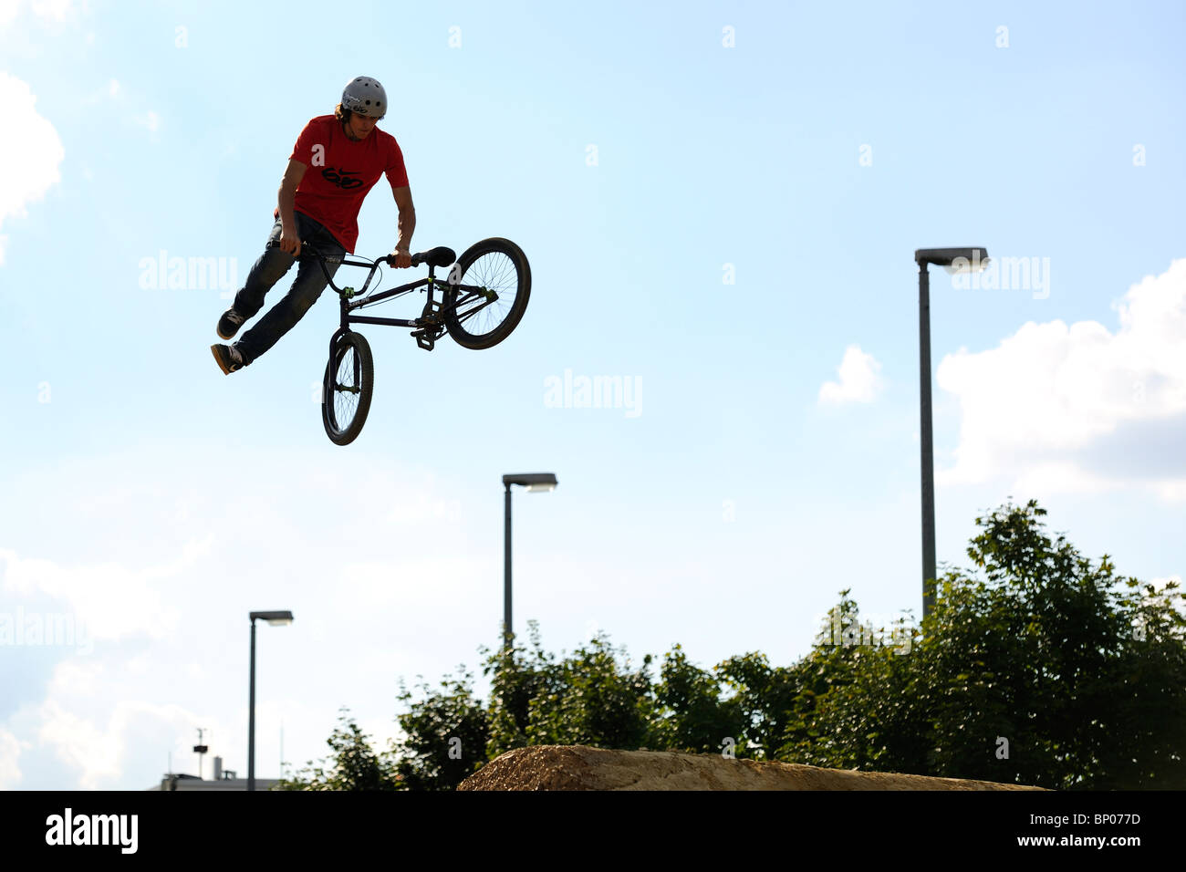 An unidentified contestant participates in a BMX/Mountain Bike contest. Stock Photo