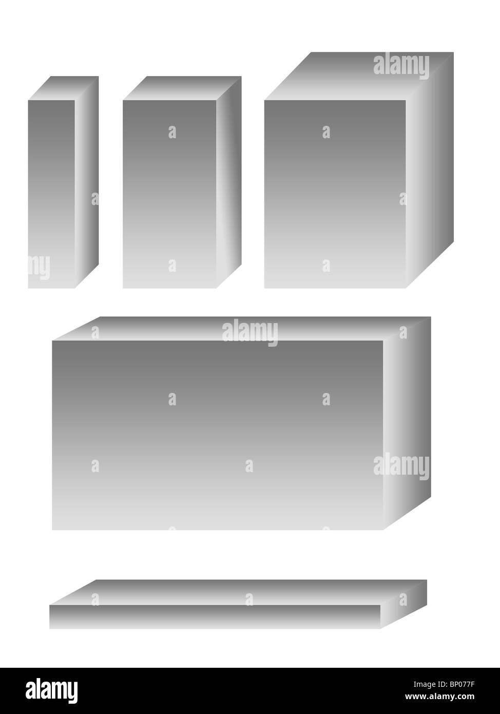 Grey boxes, various sizes on white background Stock Photo