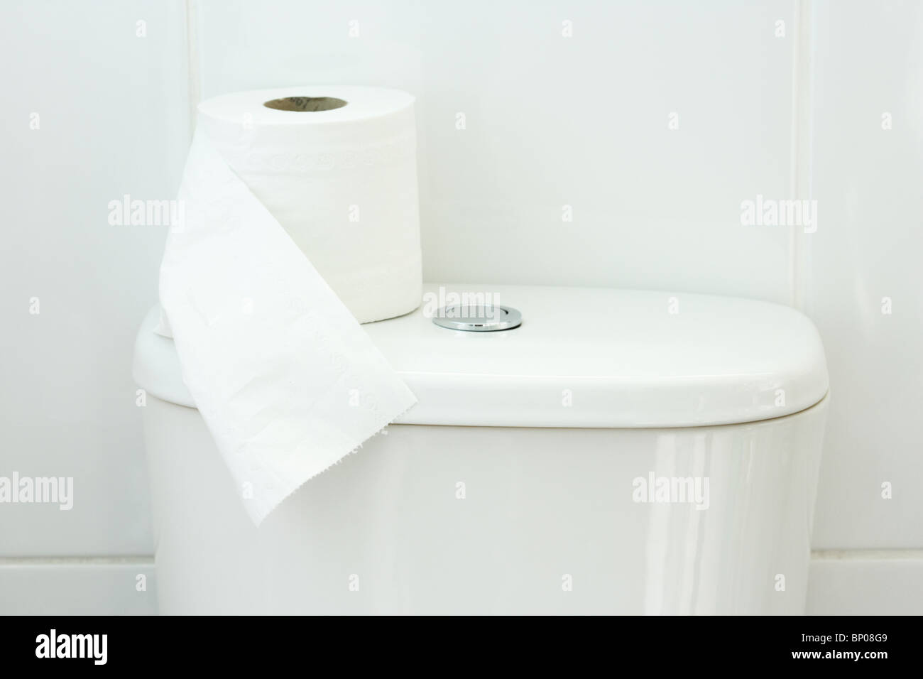 toilet cistern with toilet roll paper Stock Photo