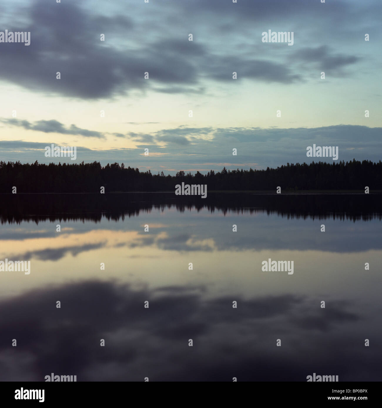 Sky and trees reflected in lake at night Stock Photo - Alamy