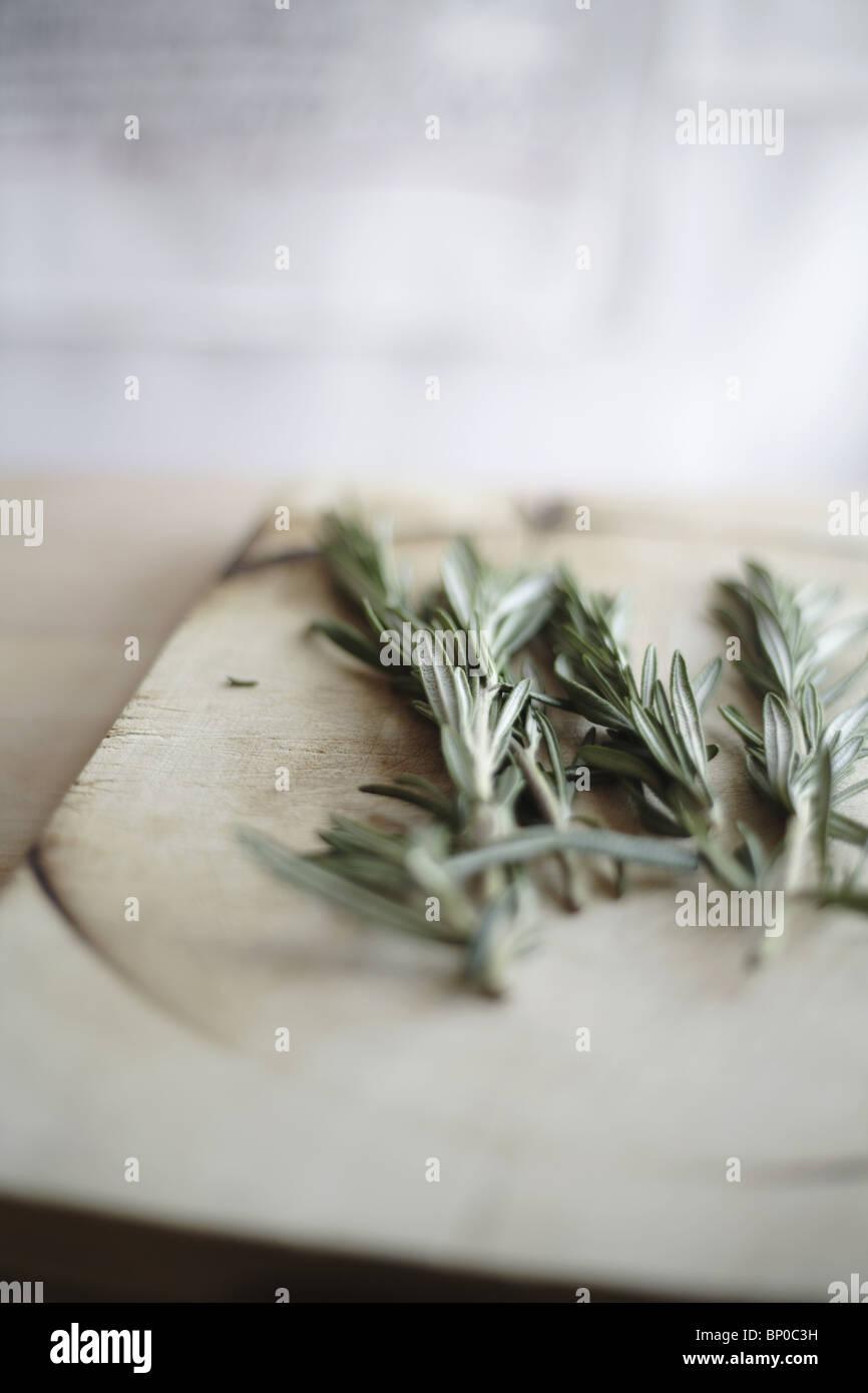 Rosemary branch on cutting board Stock Photo