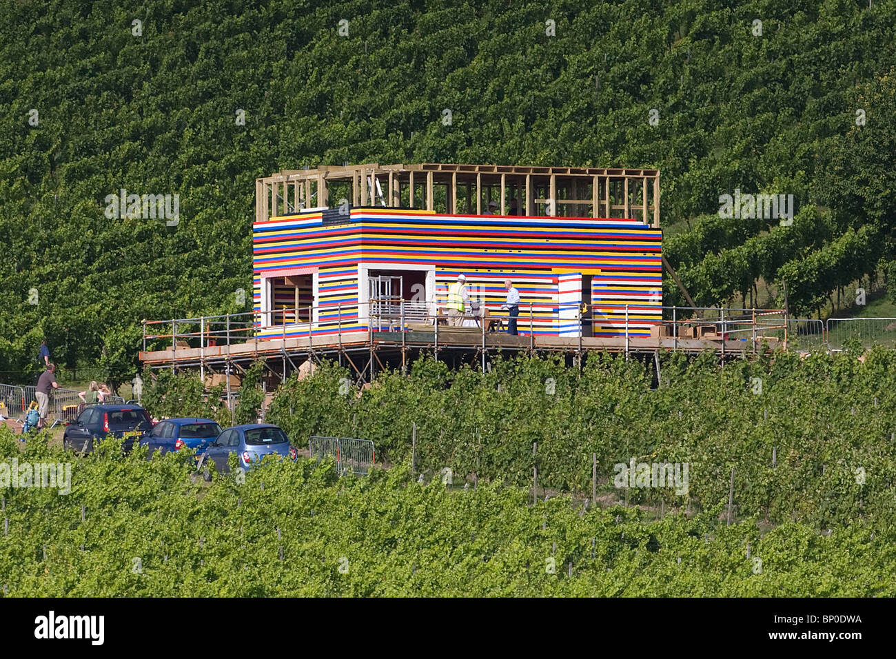 Television presenter James May builds a life size Lego house. Picture by James Boardman. Stock Photo