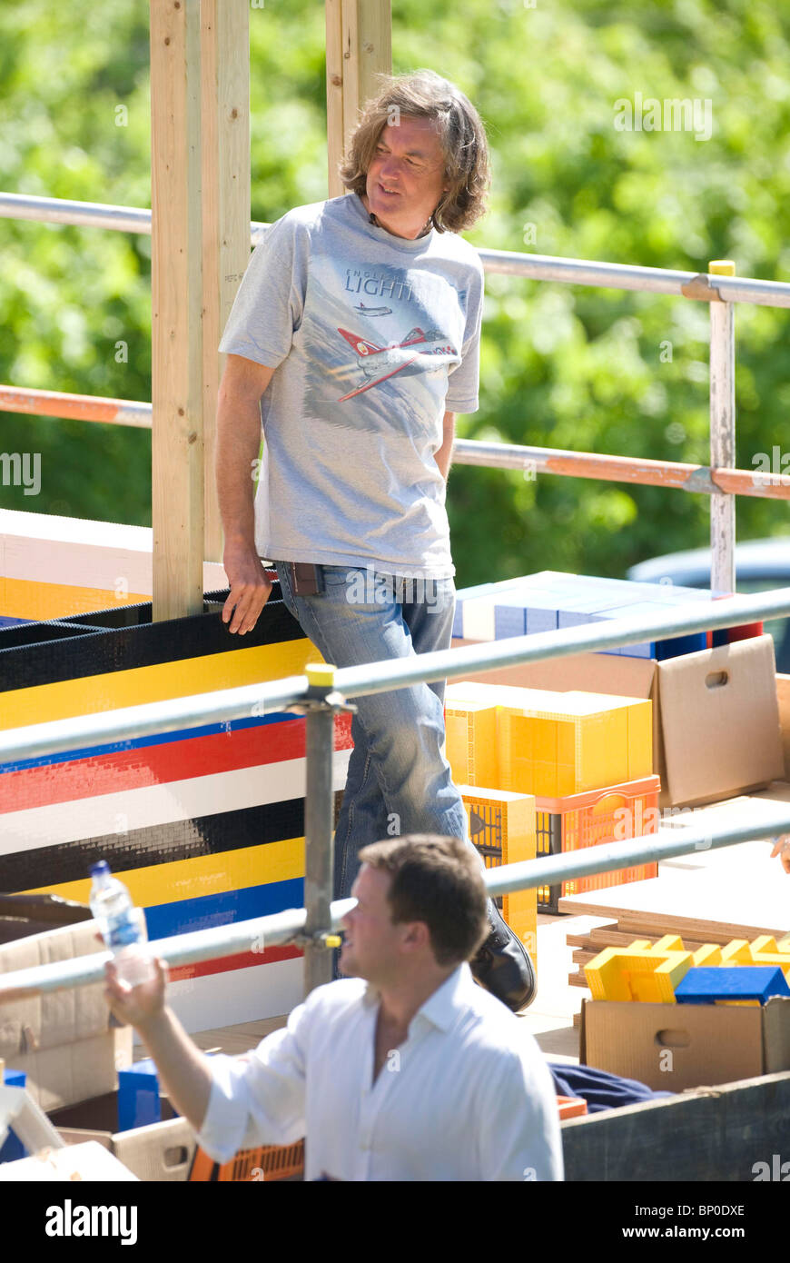 Television presenter James May builds a life size Lego house. Picture by James Boardman. Stock Photo