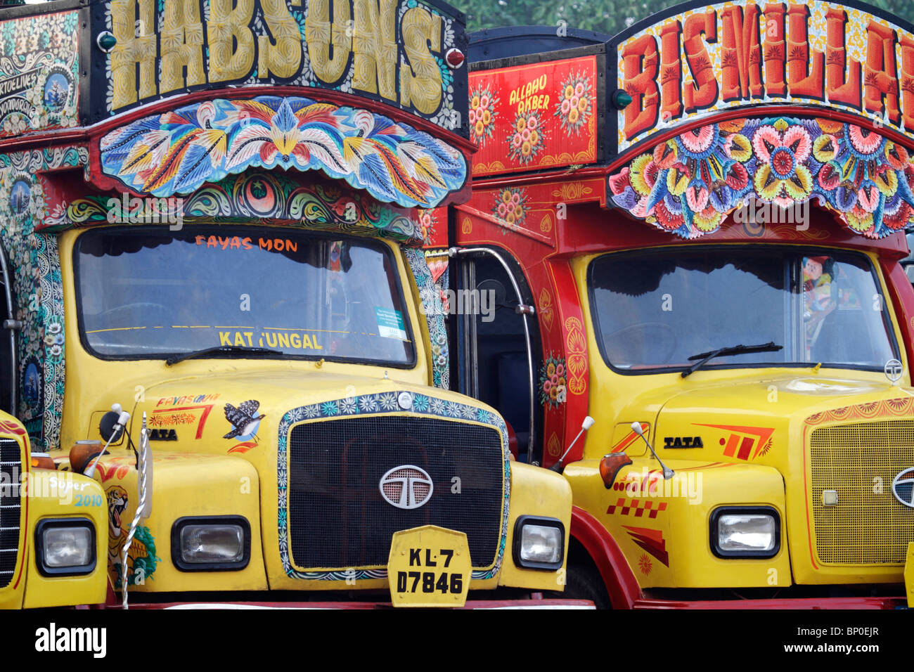 India, South India, Kerala. Painted trucks parked in Cochin. Stock Photo