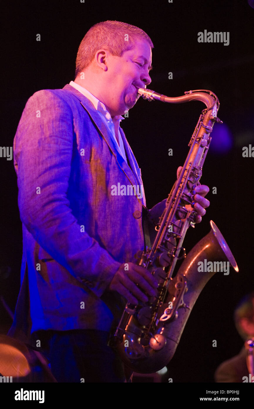 Andy Sheppard playing tenor saxophone with his band at Brecon Jazz